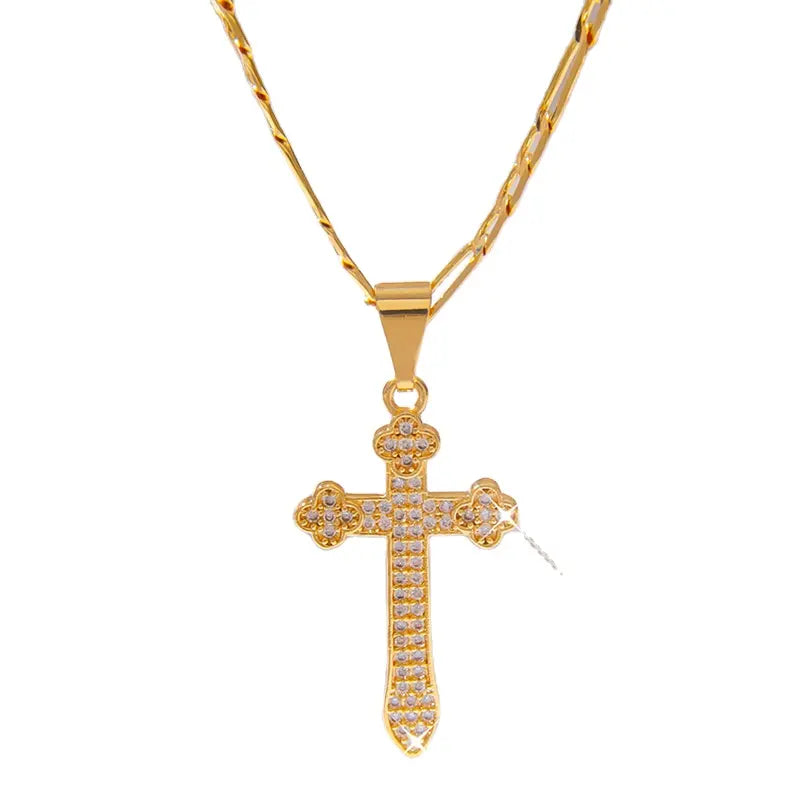 14K Gold-Plated White Gemstone Cross Christian Pendant