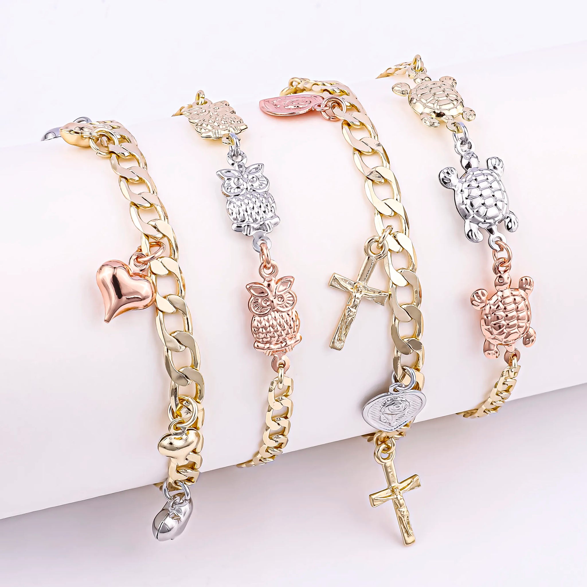 New Arrival 14K Gold Tricolor Owl Turtle Cross Catholic Bracelet