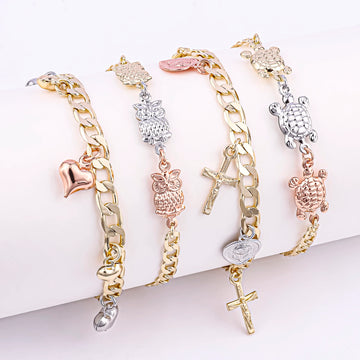 New Arrival 14K Gold Tricolor Owl Turtle Cross Catholic Bracelet