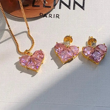 Luxury Designer Heart Pink Crystal Necklace & Earring Jewelry Set for Women