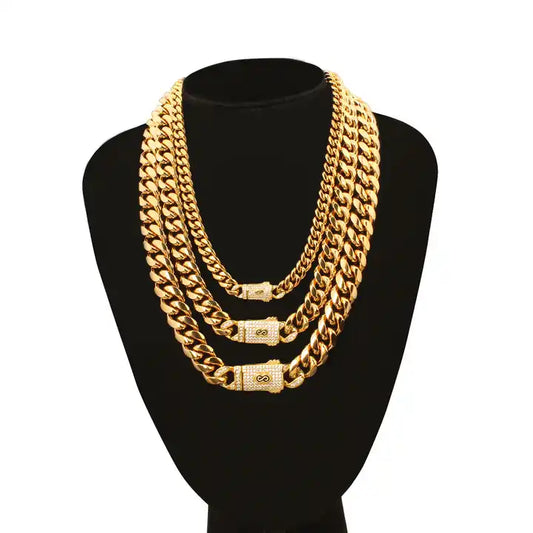 Gold Stainless Steel Cuban Chain Necklace With Micro-Encrusted Zircon Buckle