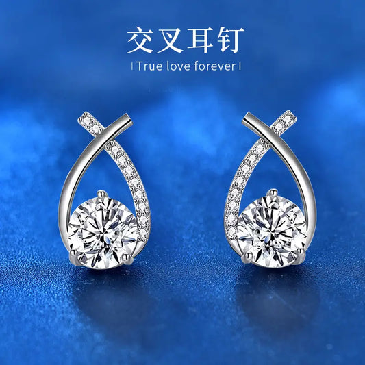 Fashion Mosan Diamond 925 Sterling Silver Fishtail Cross Stud Earrings