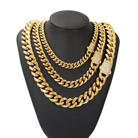 2024 Hip-Hop 18K Gold Cuban Stainless Steel Diamond Necklace