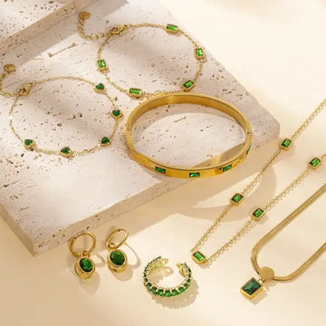 18K Gold Plated Vintage Emerald Jewelry Set