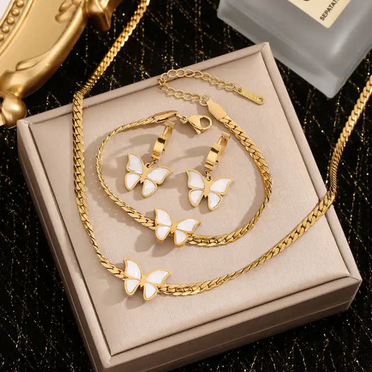 18K Gold Stainless Steel Jewelry Set | Pearl, Shell, Clover & Butterfly Designs