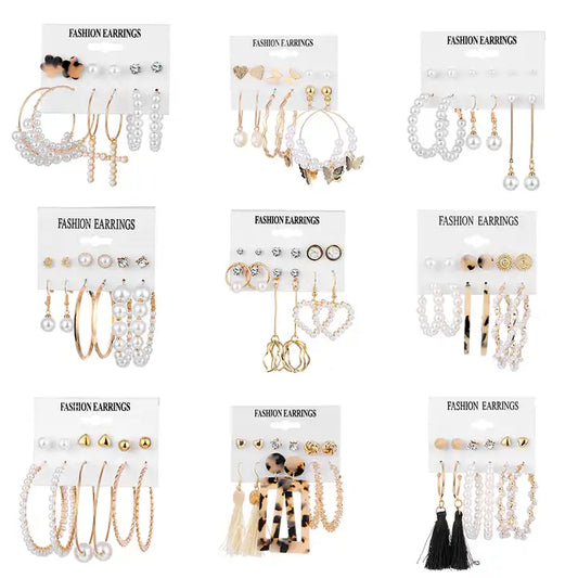 VKME Pearl Crystal Tassel & Hoop Earrings Set | Mixed Designs for Women