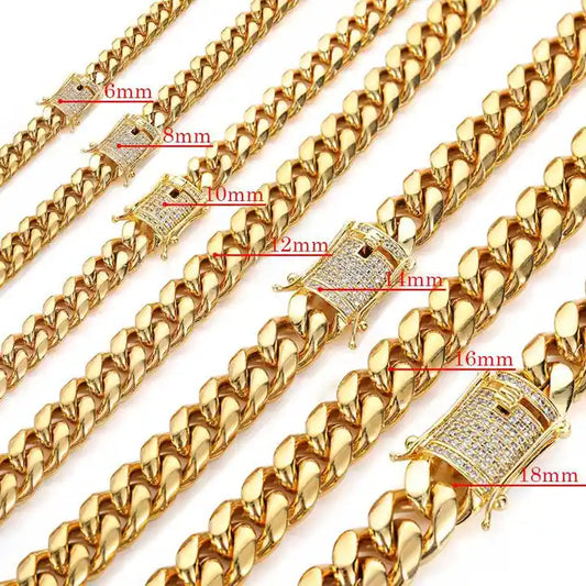 Gold Titanium Steel Cuban Chain Necklace