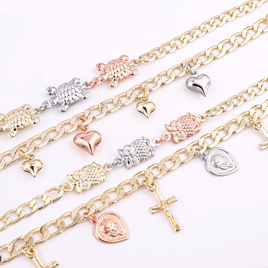 New Arrival 14K Gold Tricolor Owl Turtle Cross Catholic Bracelet