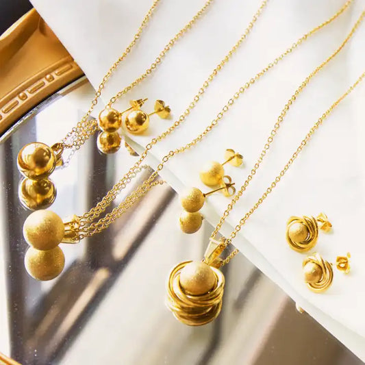 18K Gold Plated Spherical Pendant Necklace & Earrings Jewelry Set