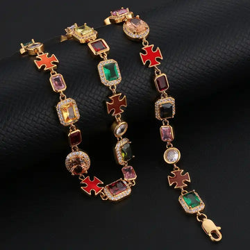 Vintage 18K Gold Plated Mixed Gemstone Cross Tennis Chain Necklace