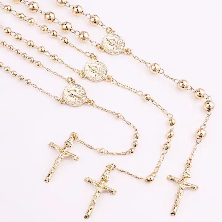 14K Gold-Plated Catholic Rosary Necklace: San Judas & Virgen de Guadalupe