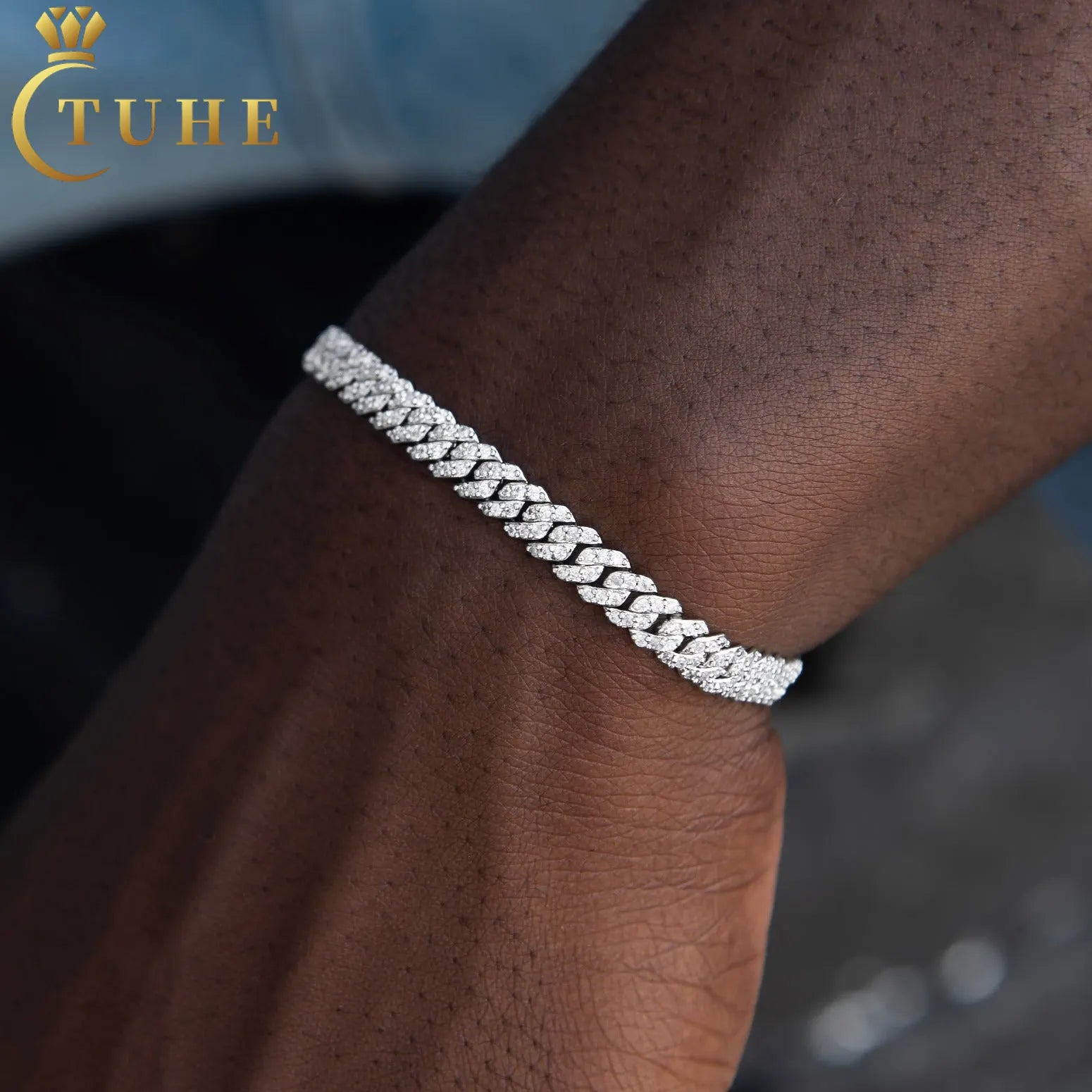 6mm White Gold Moissanite Cuban Link Chain Bracelet